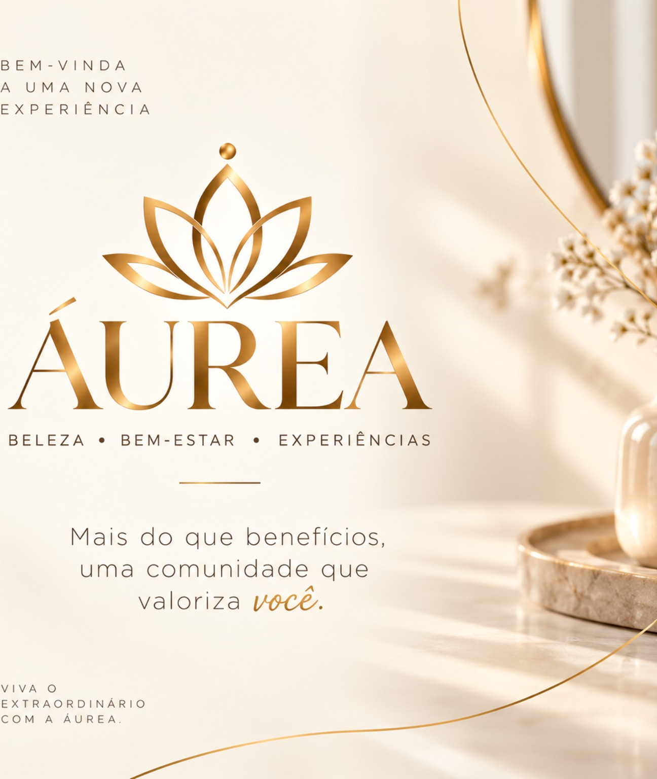 Arte completa de boas-vindas à Áurea, com a flor de lótus dourada e a mensagem: mais do que benefícios, uma comunidade que valoriza você.