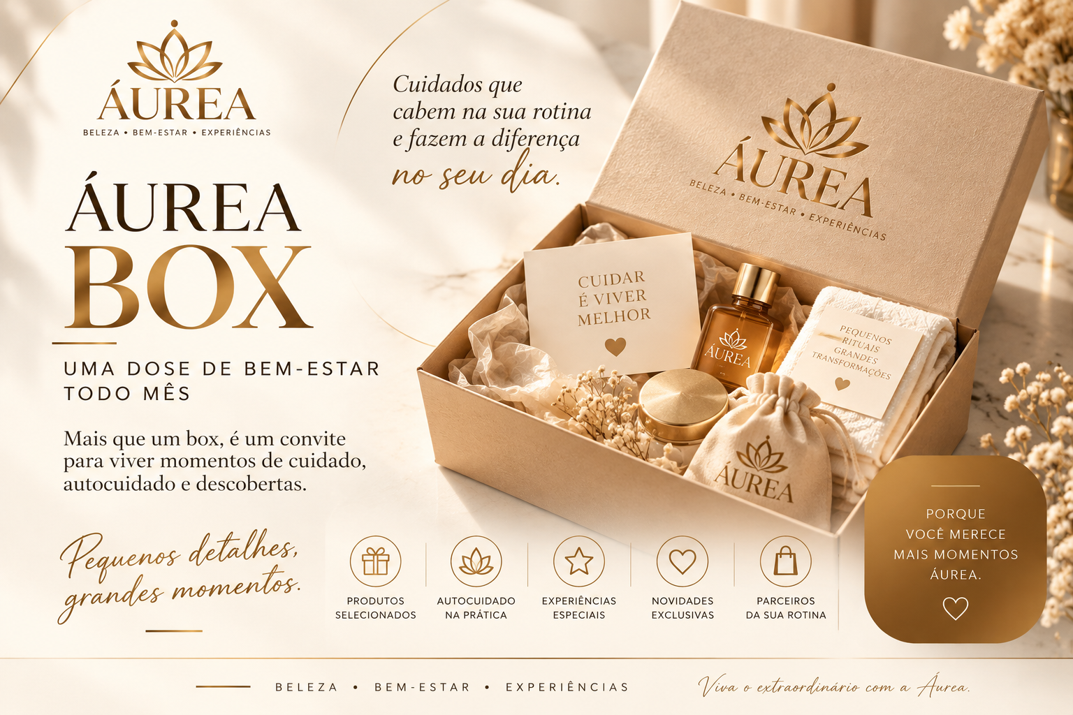 Arte conceitual do Box Áurea: caixa clara com produtos de beleza e bem-estar em uma apresentação dourada.